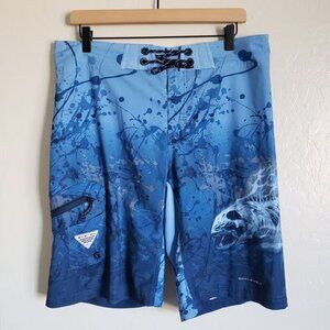 Columbia PFG Offshore Fishing Board Short Blue Fish Sz Men's 34 Inseam 11 UPF 50